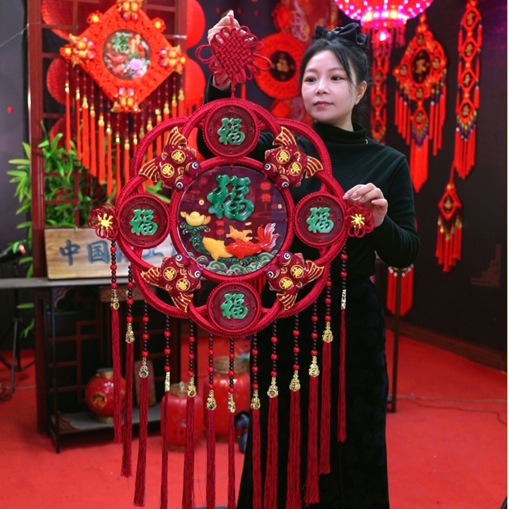 故宫红F【玉玲珑】灯笼五福中国结挂件客厅玄关福字背景墙 DL1-5Y