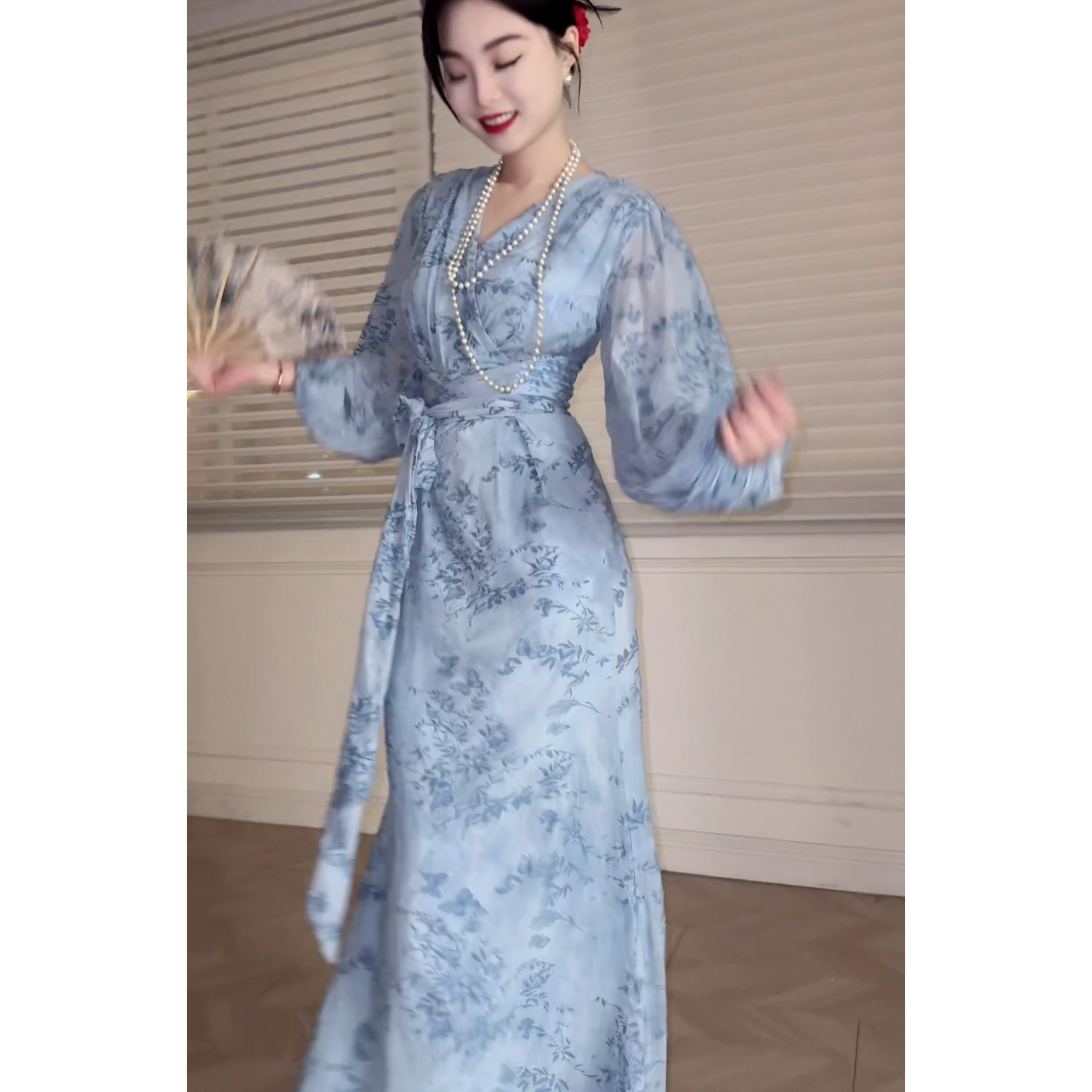 肆意【贝加尔蓝】国风新中式藏肉显瘦浅色长裙气质高级旗袍连衣裙