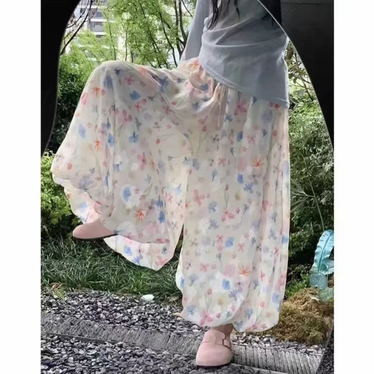 甜美彩色碎花花苞裙裤女夏阔腿温柔休闲蓬蓬裤