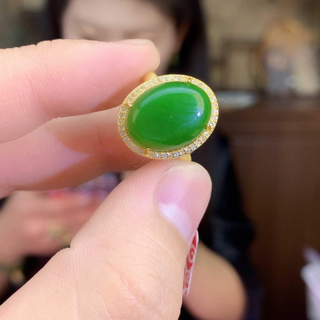 吊坠(不含链)银S925镶嵌和田玉（碧玉）戒指