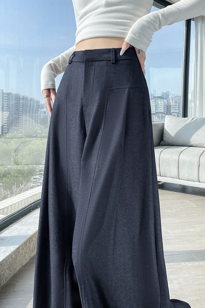 实拍老钱风深蓝色仿牛仔阔腿裤女秋季高腰显瘦宽松直筒休闲拖地裤