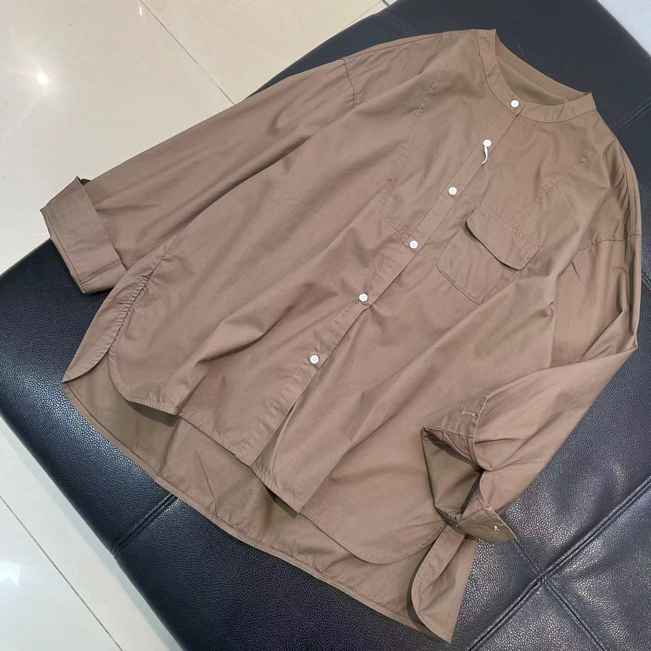 CS108春装春装全棉圆领长袖宽松咖啡色水洗做旧衬衫女士