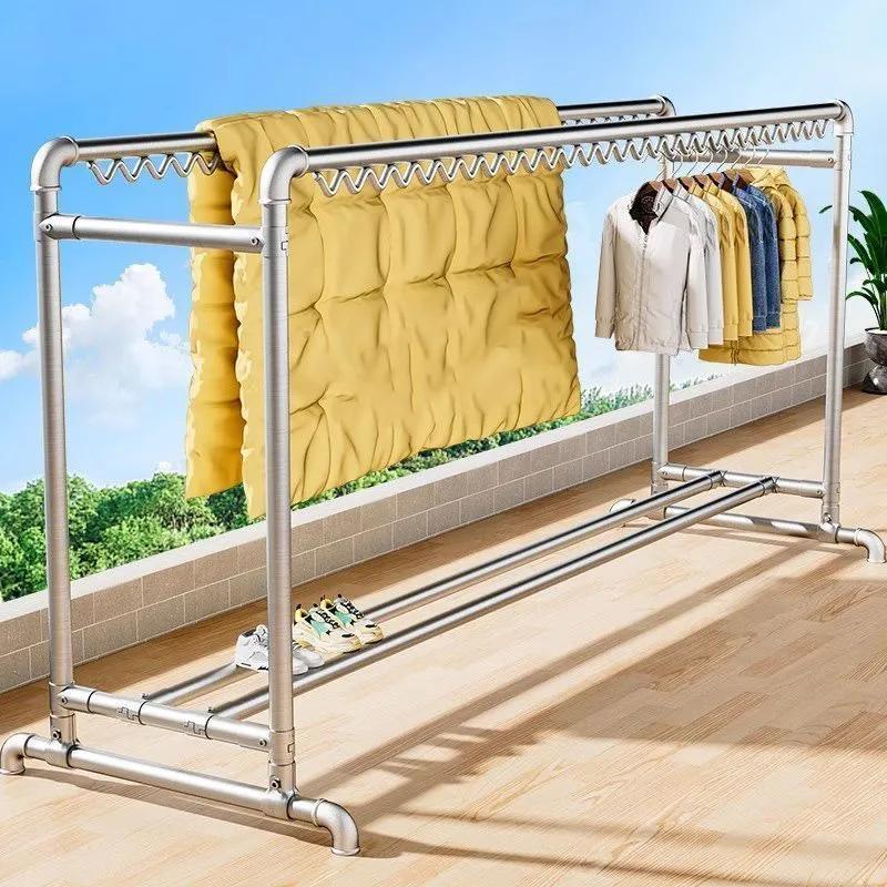 加粗1寸镀锌钢管晾衣架落地家用阳台挂衣户外室外防风双杆晒被子