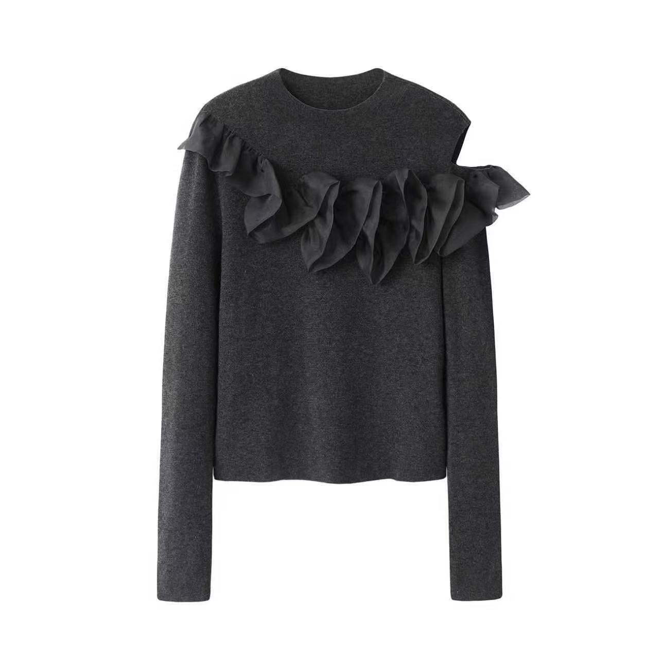 【商场同款】2025秋冬新品拼接毛衫女露肩针织衫上衣7730