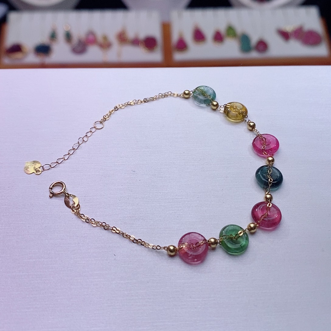 碧玺手链18K金镶嵌碧玺平安扣手链