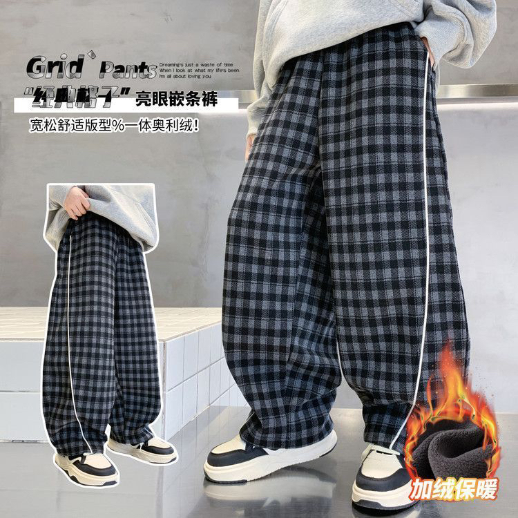 男童裤子冬季新款宽松休闲一体绒韩版格子裤加厚加绒儿童运动裤