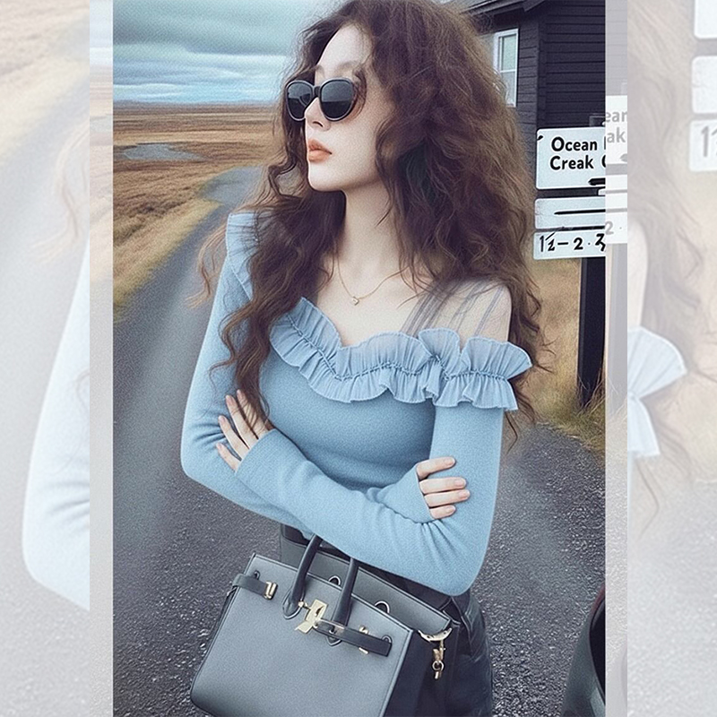 独特漂亮内搭蓝色斜肩小衫女韩系秋冬装针织打底衫露肩洋气上衣服