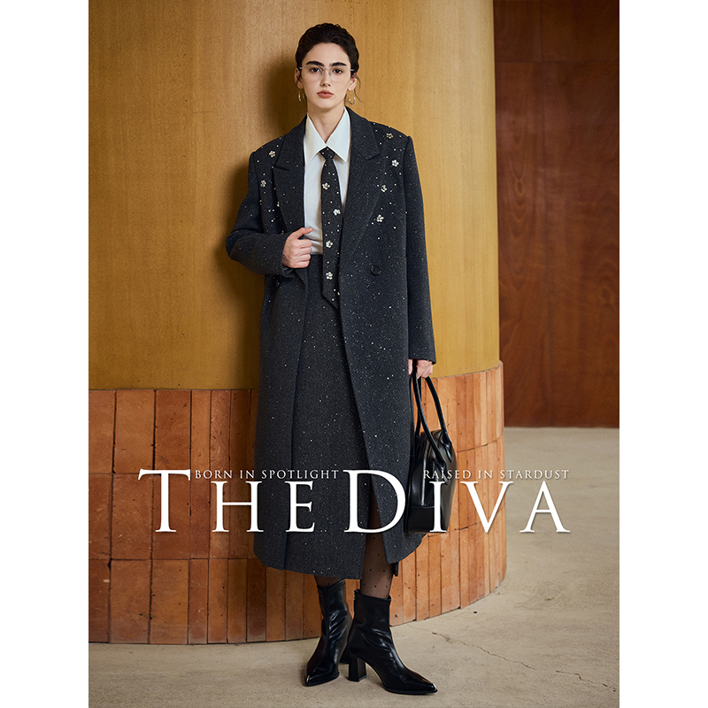 THE DIVA 高定重磅加厚羊毛手工梅花钻钉珠通勤西装大衣套装