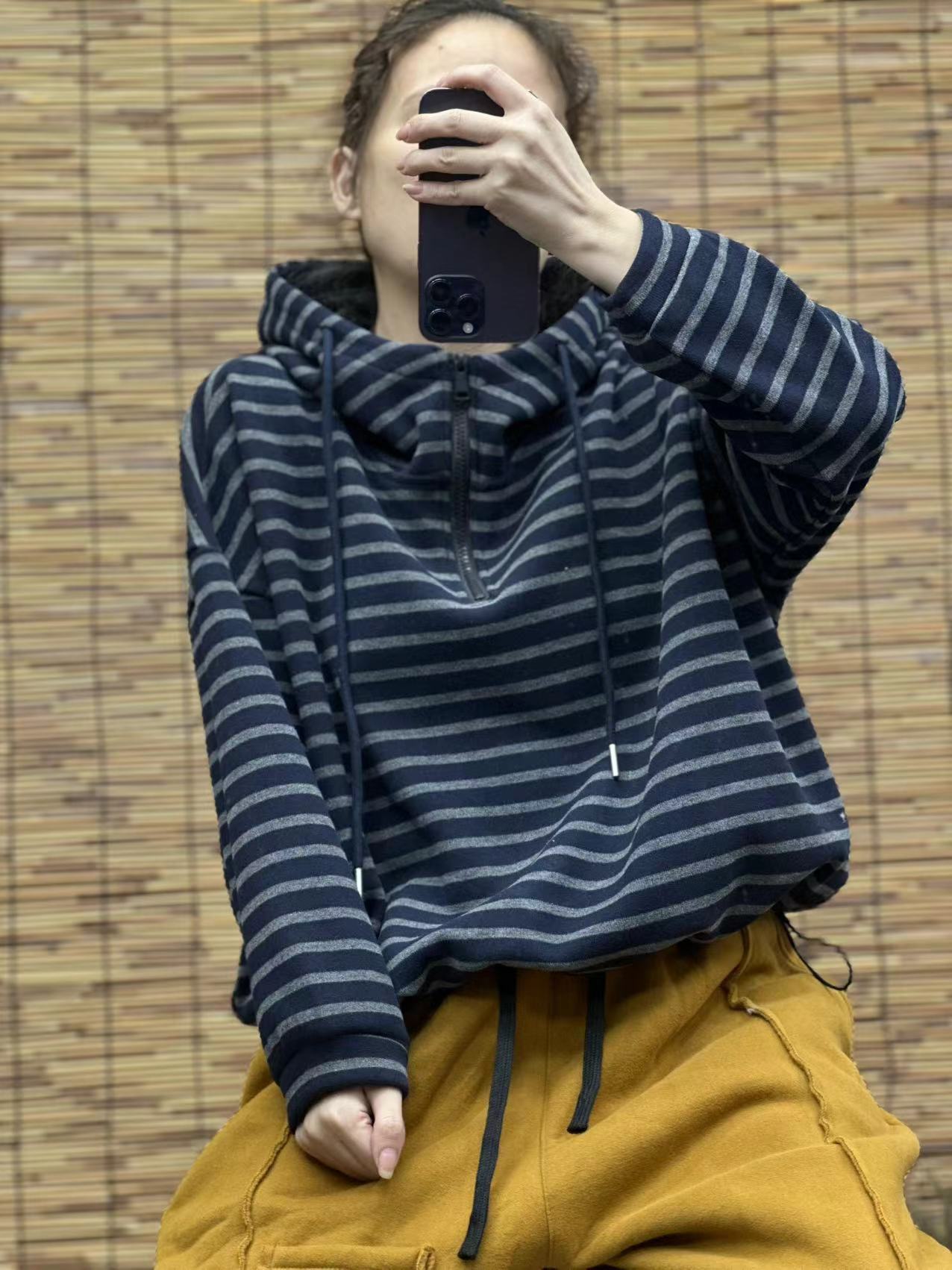 HY 加绒加厚条纹拉链半开卫衣