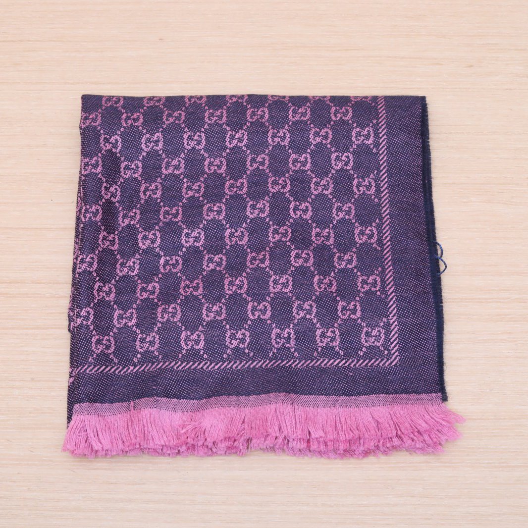 99新 GUCCI/古驰 【小花念念】双G 满印 老花 流苏边 围巾 紫色