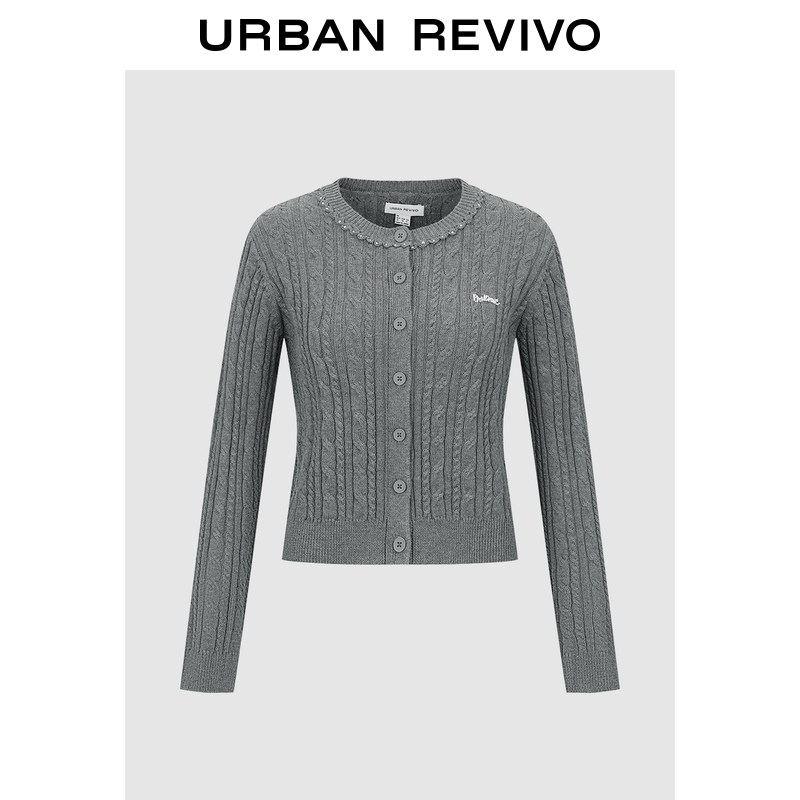 UR2026春季新款女装都市珠饰绞花圆领短款针织开衫UYU960028