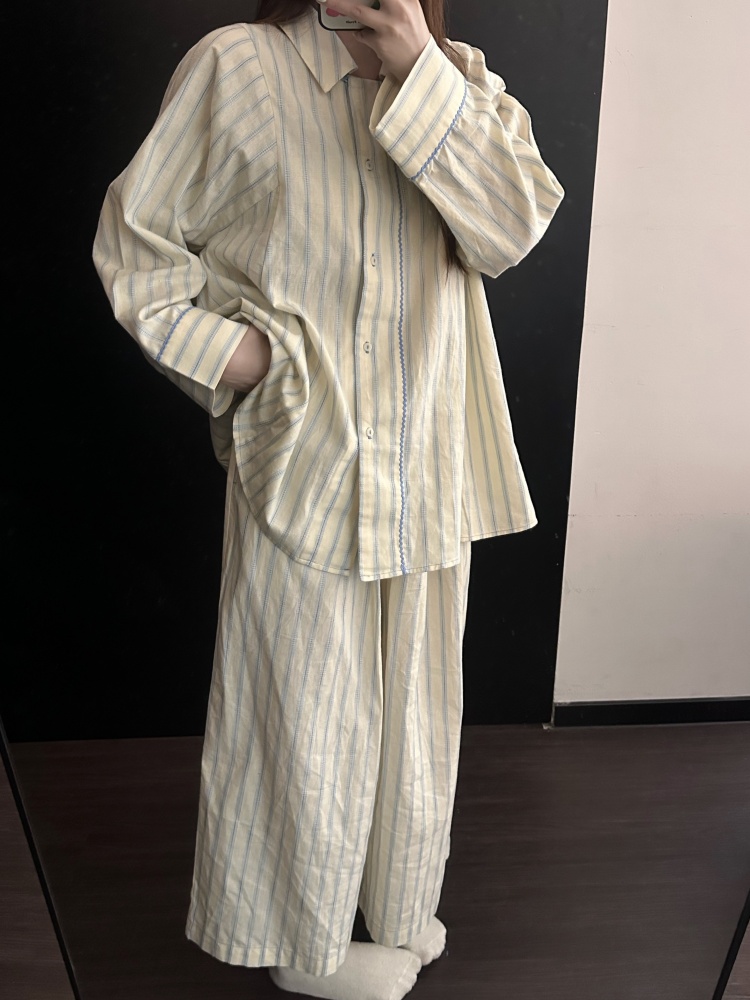 韩版ins风甜美简约撞色条纹睡衣女春秋慵懒风长袖长裤家居服套装