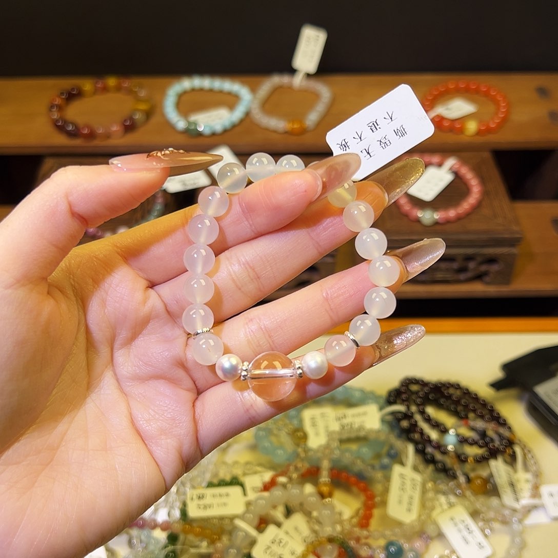 水晶手链银S925镶嵌白玛瑙2304