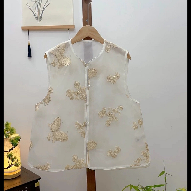新中式优雅气质欧根纱蝴蝶刺绣马甲夏季新款圆领轻薄微透时尚背心