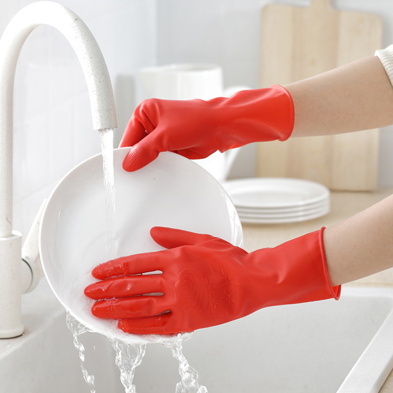 乳胶手套防水洗碗家务手套柔软家用暖手套耐磨女款防油红色贴手套