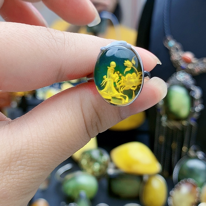 银S925镶嵌琥珀裸石戒指