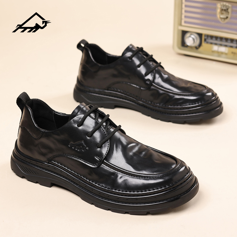 零点犀牛系带圆头透气休闲皮鞋行政商务鞋春季潮流黑色秋冬季男鞋