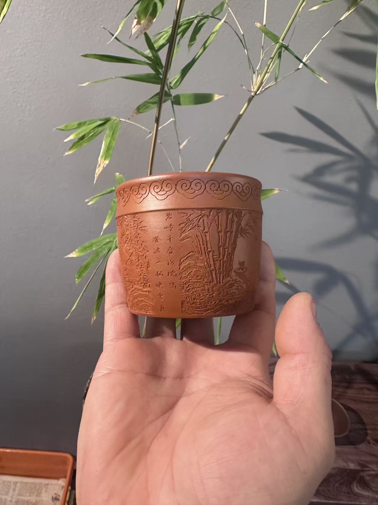 开播福利 直筒杯  红泥 刻绘竹210cc   