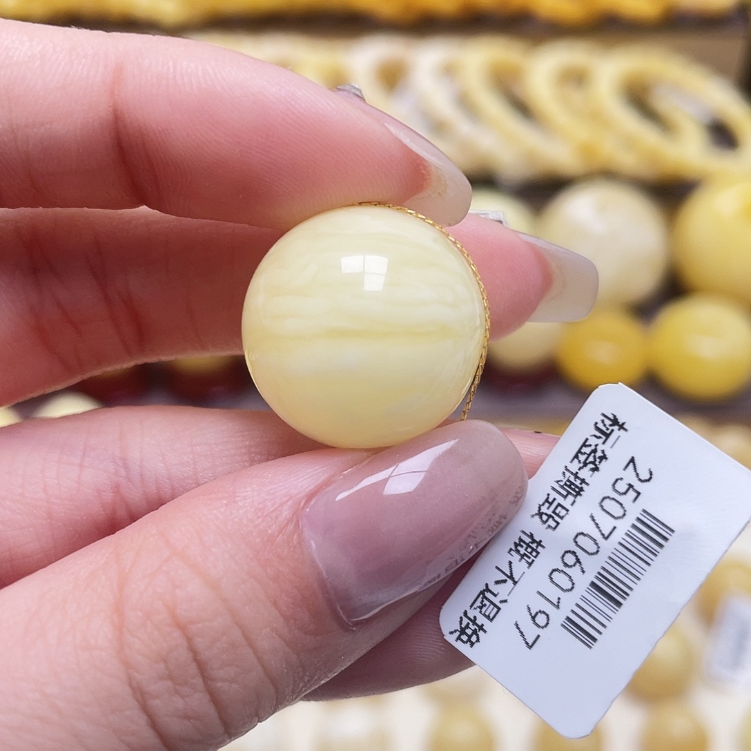 琥珀未镶嵌裸石19.7mm虎皮圆珠皮色