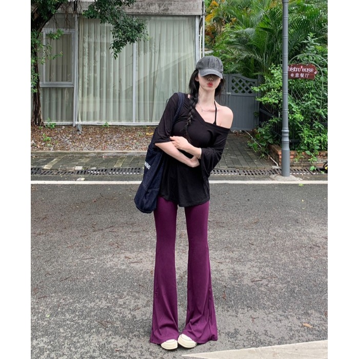 v领黑色长袖宽松T恤女早秋新款慵懒风纯色显瘦露肩上衣微喇裤套装