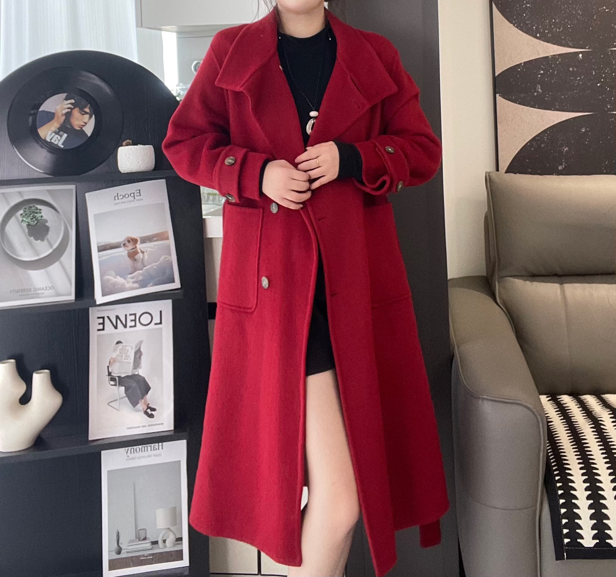 毛呢外套女中长款秋冬常规款双面毛呢显瘦立领海军领A006