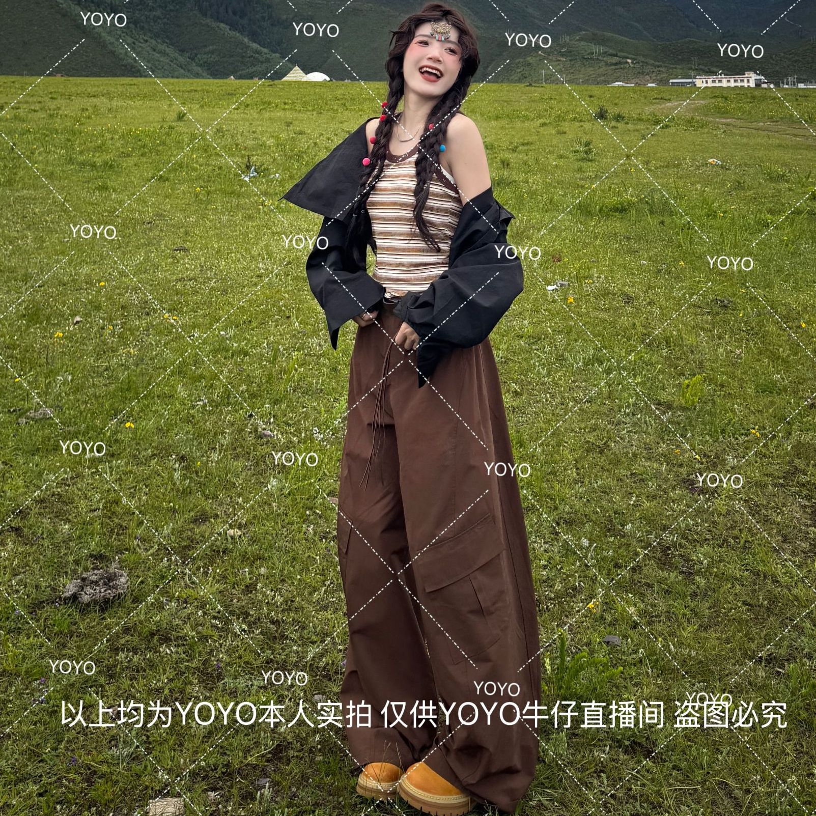 YOYO自制【可可栗棕】早秋美式休闲高街口袋棕色工装裤