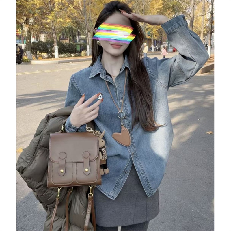 韩版设计感小狗刺绣加绒牛仔衬衫女冬季2025新款打底衫叠穿外套潮