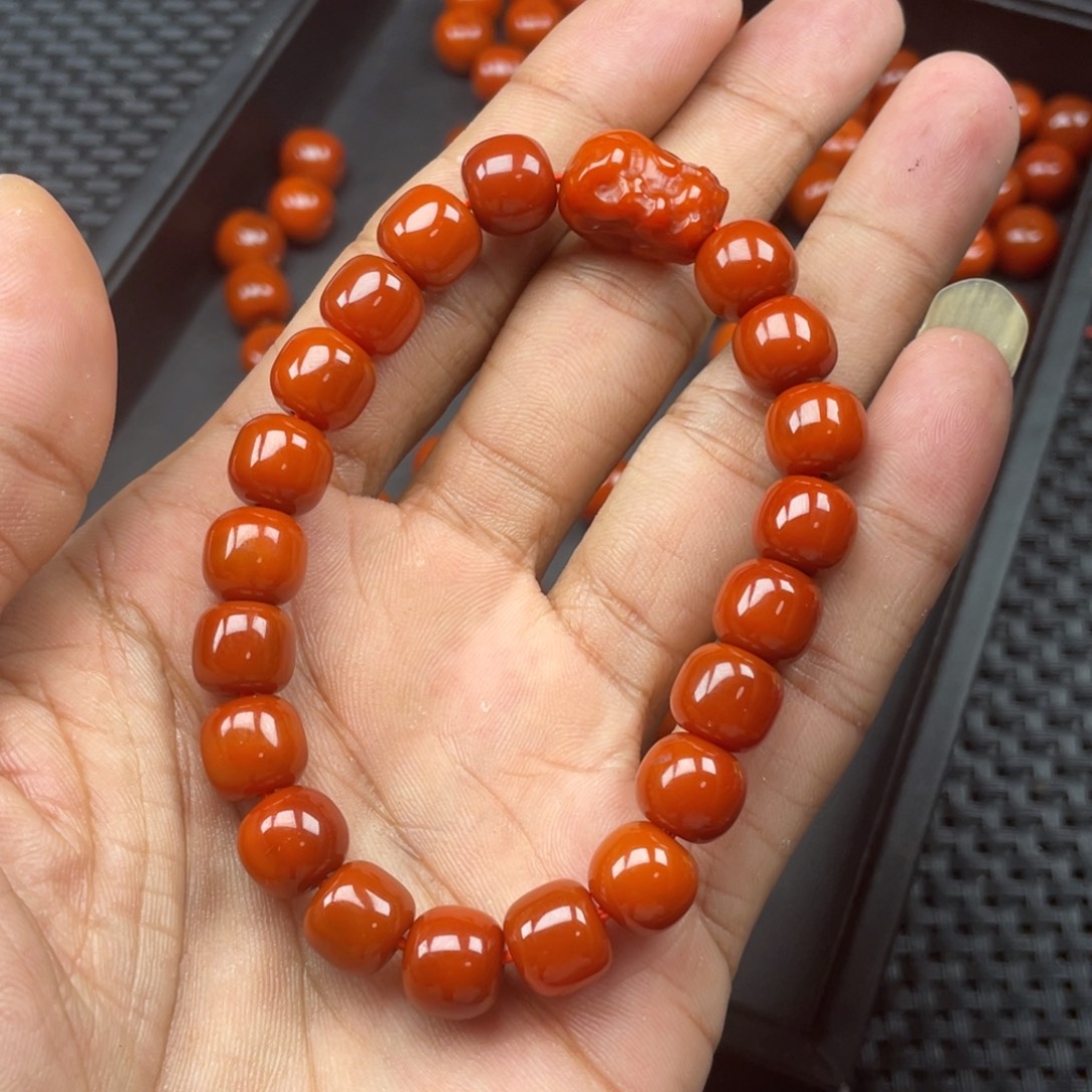南红玛瑙未镶嵌瓦西柿子红老型手串➕貔貅卡9