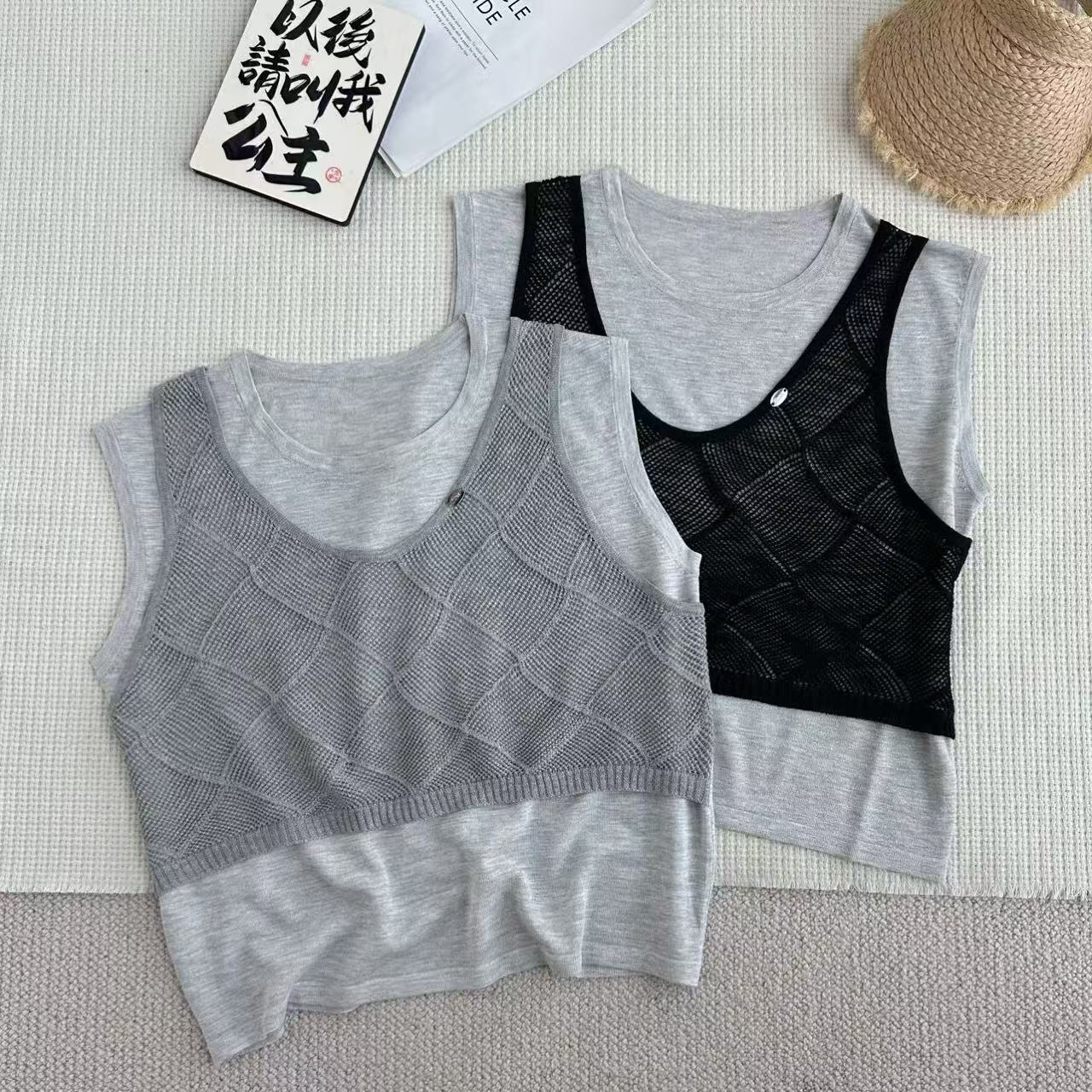 ［家淇定制］新款韩版百搭修身显瘦时尚菱格镂空针织假两件上衣6541