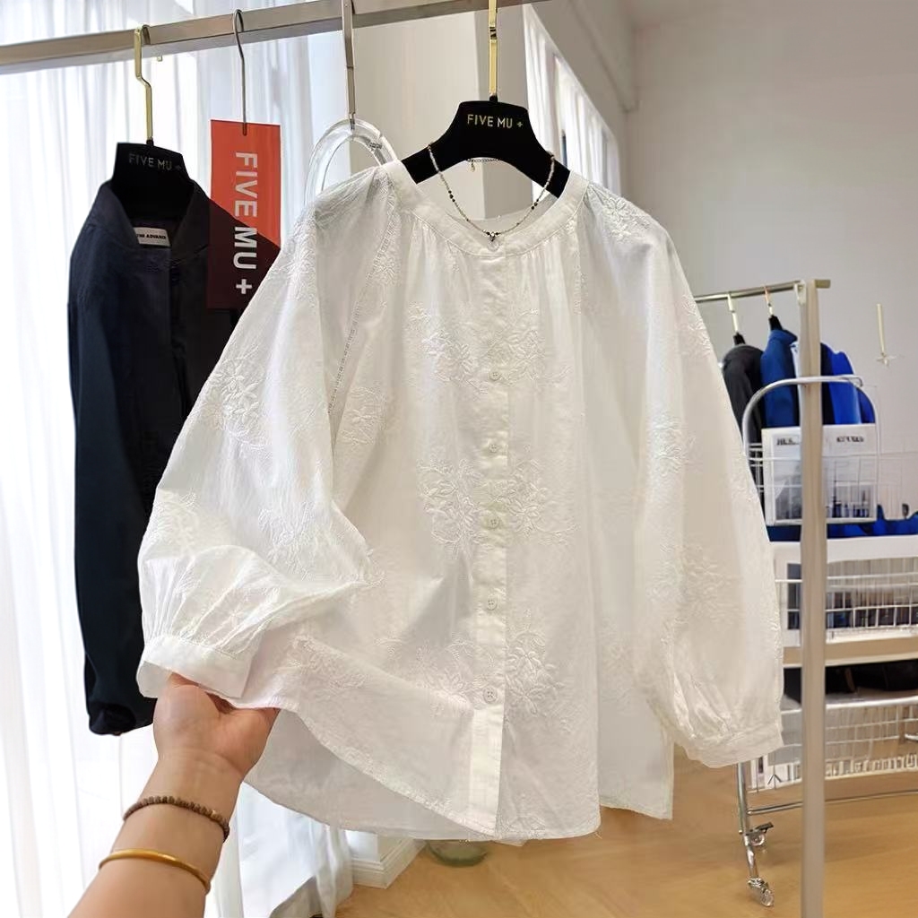 韩系超好看刺绣圆领长袖衬衫女时尚减龄法式娃娃宽松上衣2556#