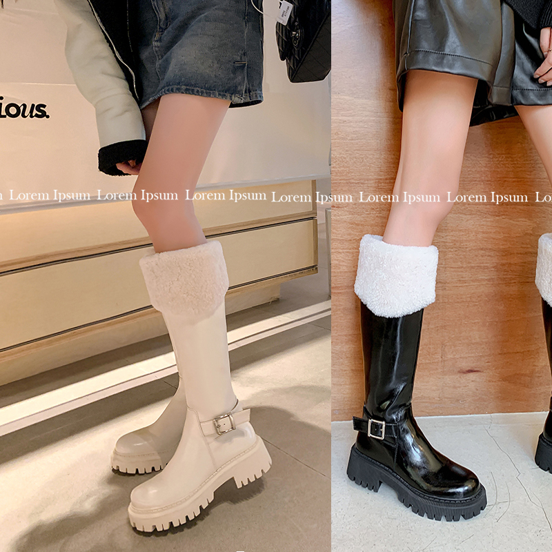 米娜【5cm】复古厚底毛毛长靴不过膝高筒羊羔毛雪地靴/舷窗22/78