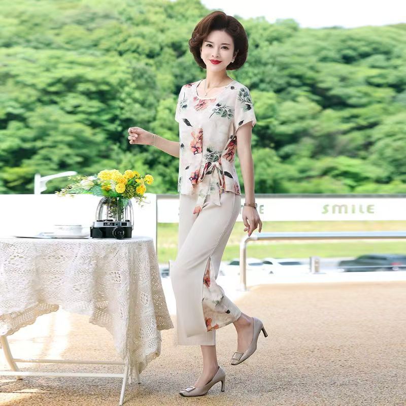 8993-新款妈妈装薄款中老年女套装夏季短袖洋气圆领上衣（A仓）