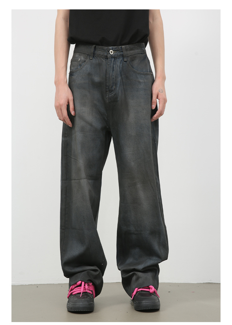 铭心牛仔| 复古涂层阔腿牛仔裤男新品潮牌高街做旧宽松直筒长裤