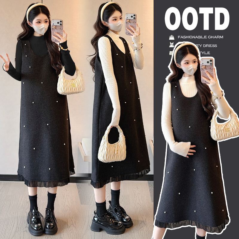 时尚大码2026年加绒加厚毛呢孕妇装背带裙+大码毛衣套装