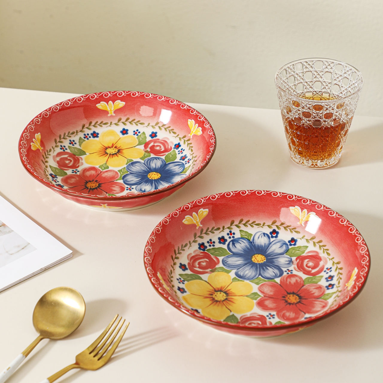 蜜语花香粉色8英寸菜盘两只装釉下彩陶瓷餐具