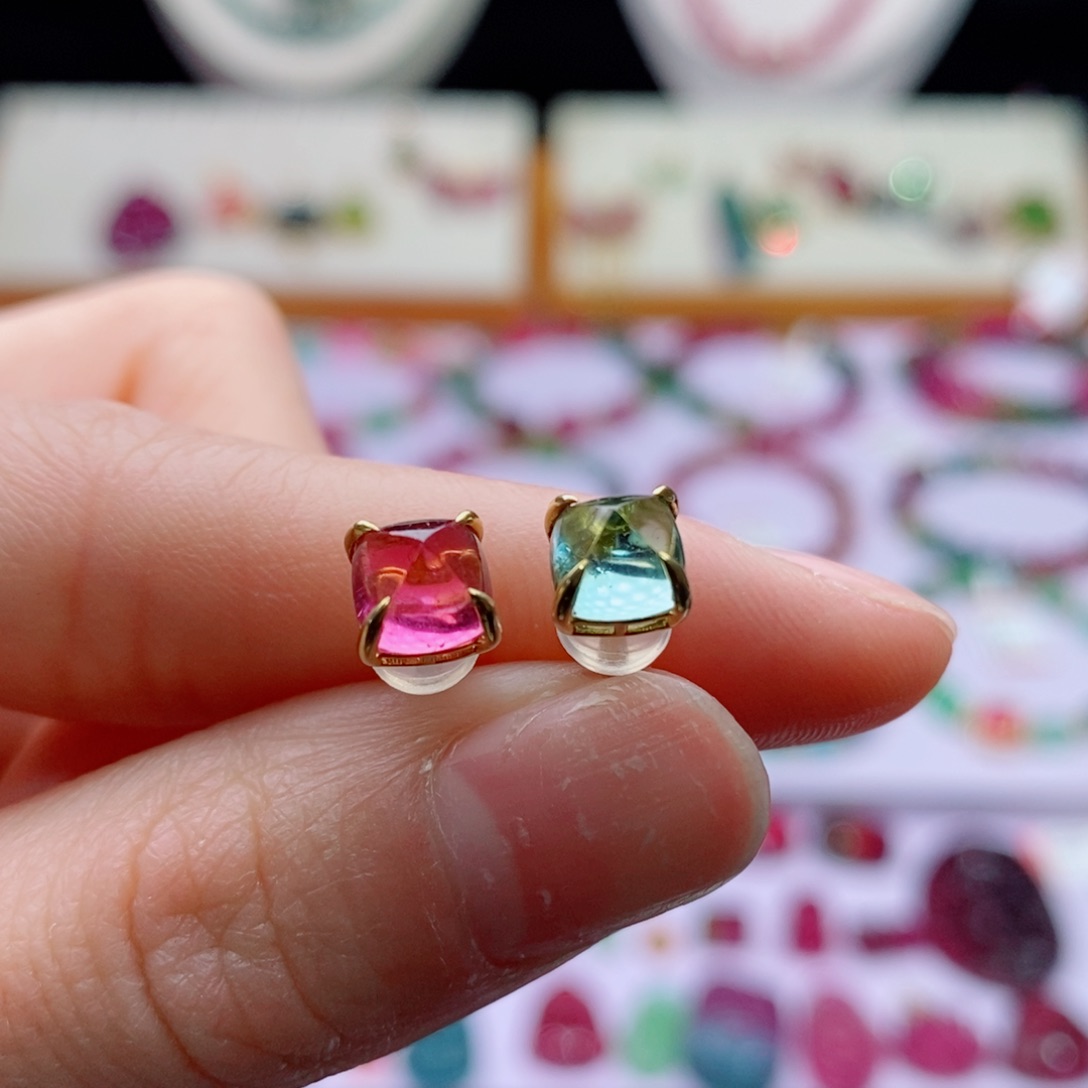 18K金镶嵌耳饰碧玺糖塔耳钉yy