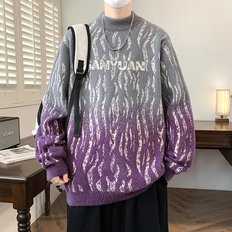圆领毛衣男款秋冬季2025新款字母提花针织衫潮流慵懒风韩版毛线衣