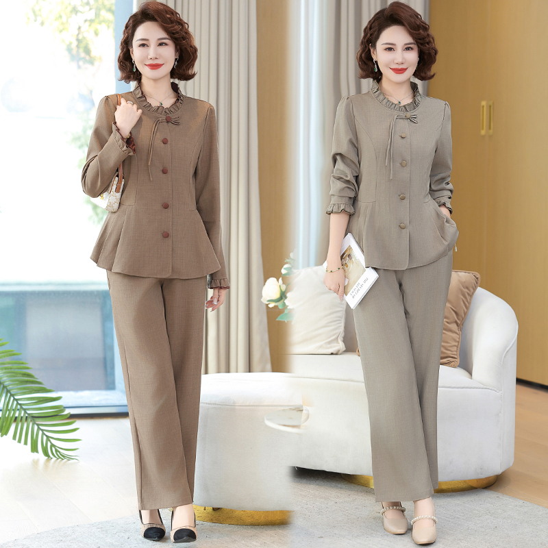 妈妈春装套装春秋新款中老年女装长袖开衫裤子女士洋气减龄两件套