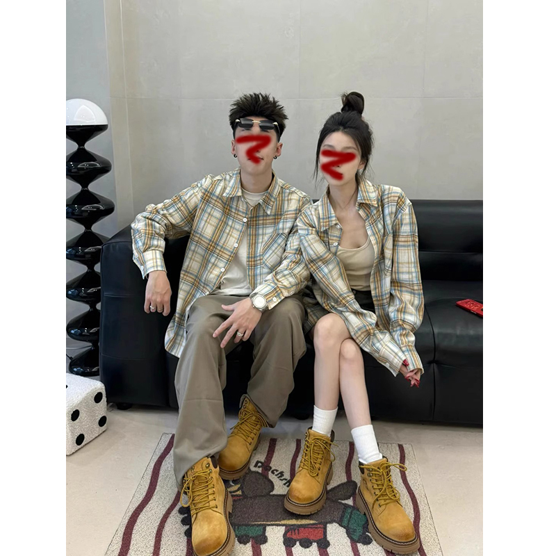 情侣衬衫黄色格子外套男女款美式复古高级感痞帅春秋穿搭打底衬衣