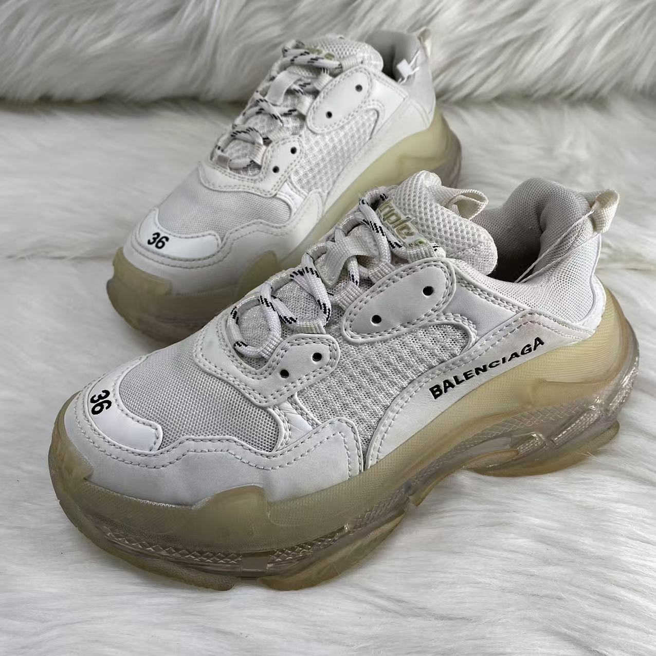 95新 Balenciaga/巴黎世家 36码/Seven/白色系带厚底老爹鞋  1817