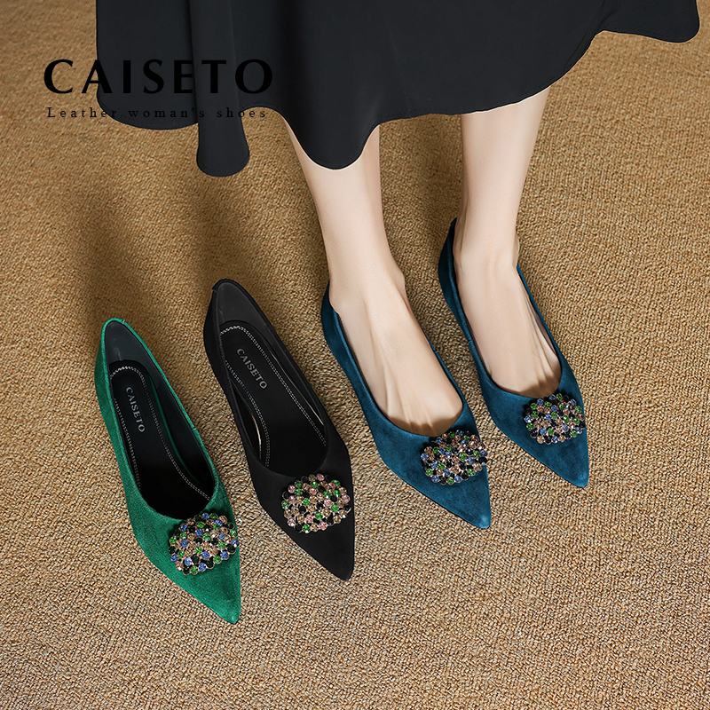 【黑色】羊皮/3cm2025春秋新款浅口法式水钻气质尖头软底女鞋25D086