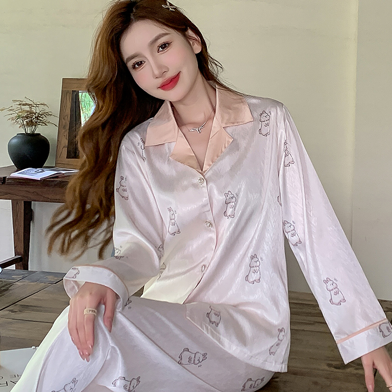 冰丝睡衣女兔子长袖长裤两件套春秋季高级感家居服套装可外穿