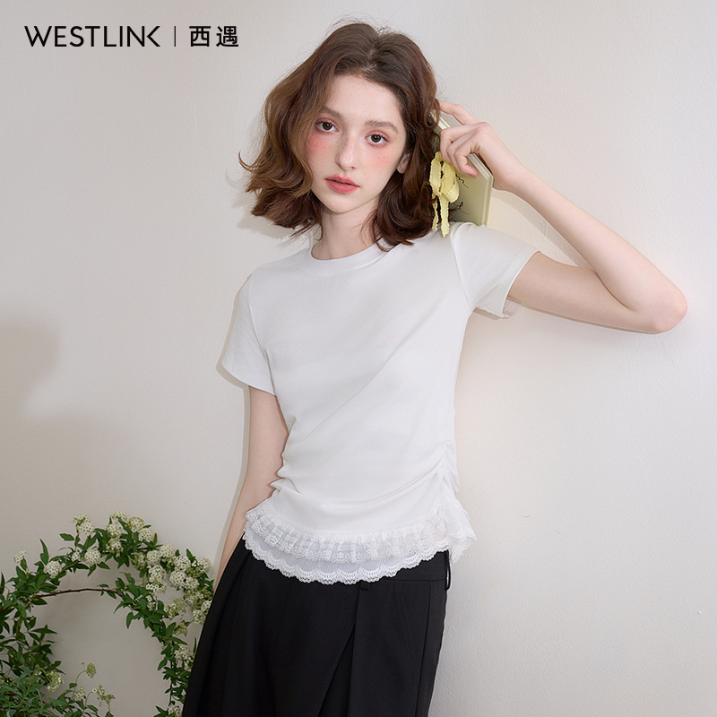 0504西遇圆领短袖t恤女2025年春夏新款短款蕾丝边正肩白色上衣