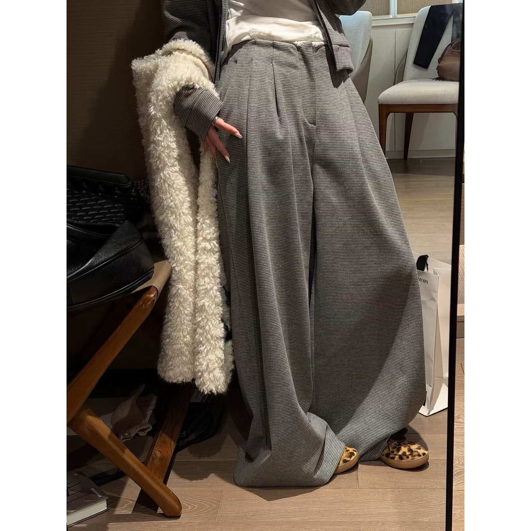 SP 条纹阔腿休闲卫裤女秋冬高腰宽松显瘦慵懒长裤子 