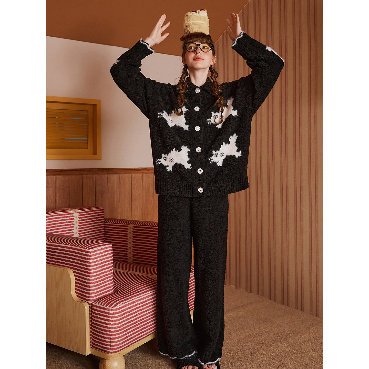 PJOCLOCK睡时记睡衣女秋冬半边绒软绵绵加绒开衫可爱可外穿家居服