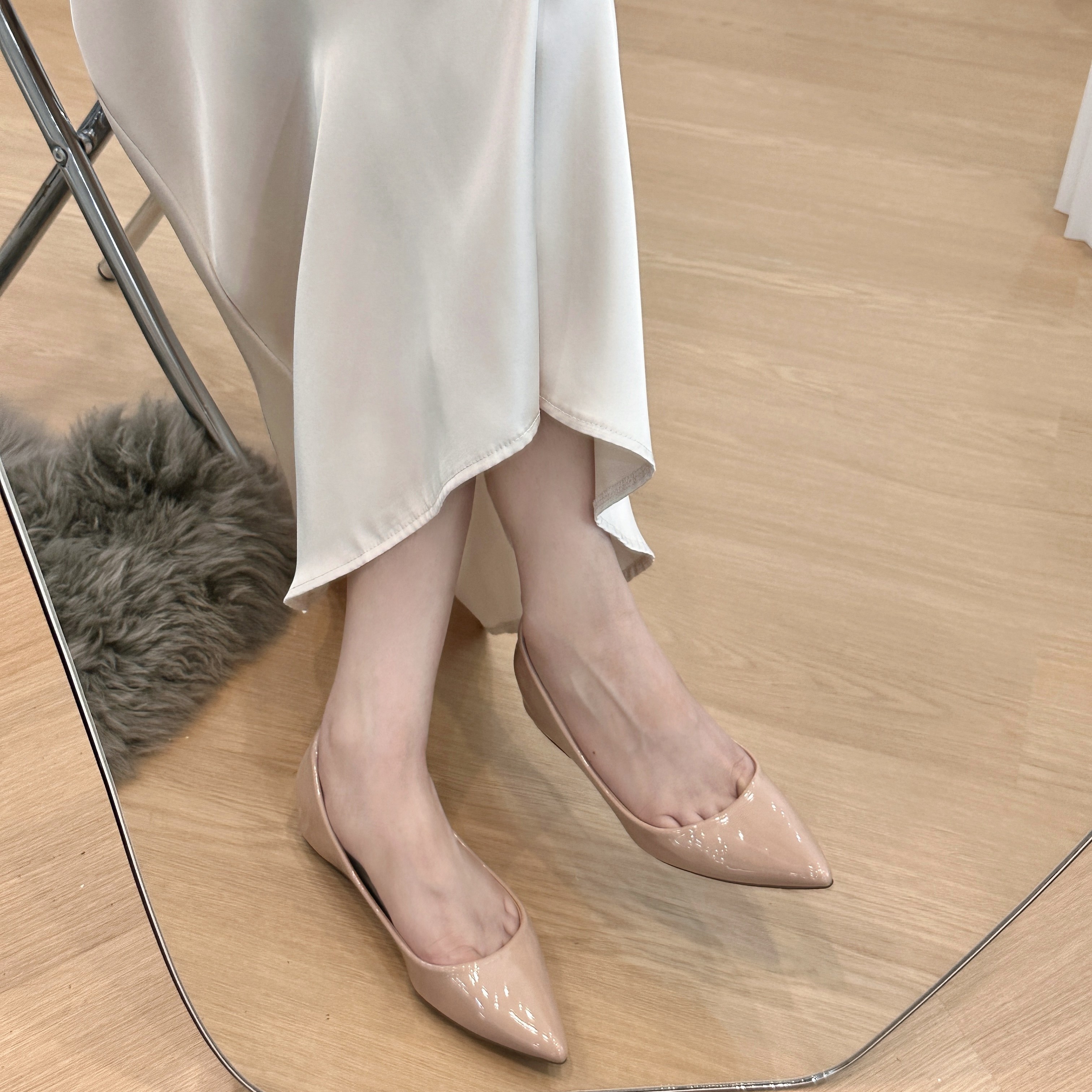 裸色尖头单鞋~增高5厘米浅口露趾缝性感纯欲温柔气质简约通勤单鞋