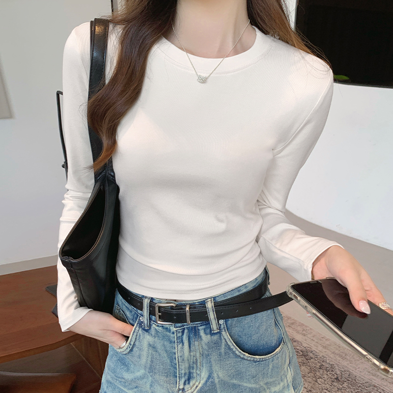 【小个子专属】纯色圆领打底衫女秋冬白色修身显瘦内搭长袖t恤上衣
