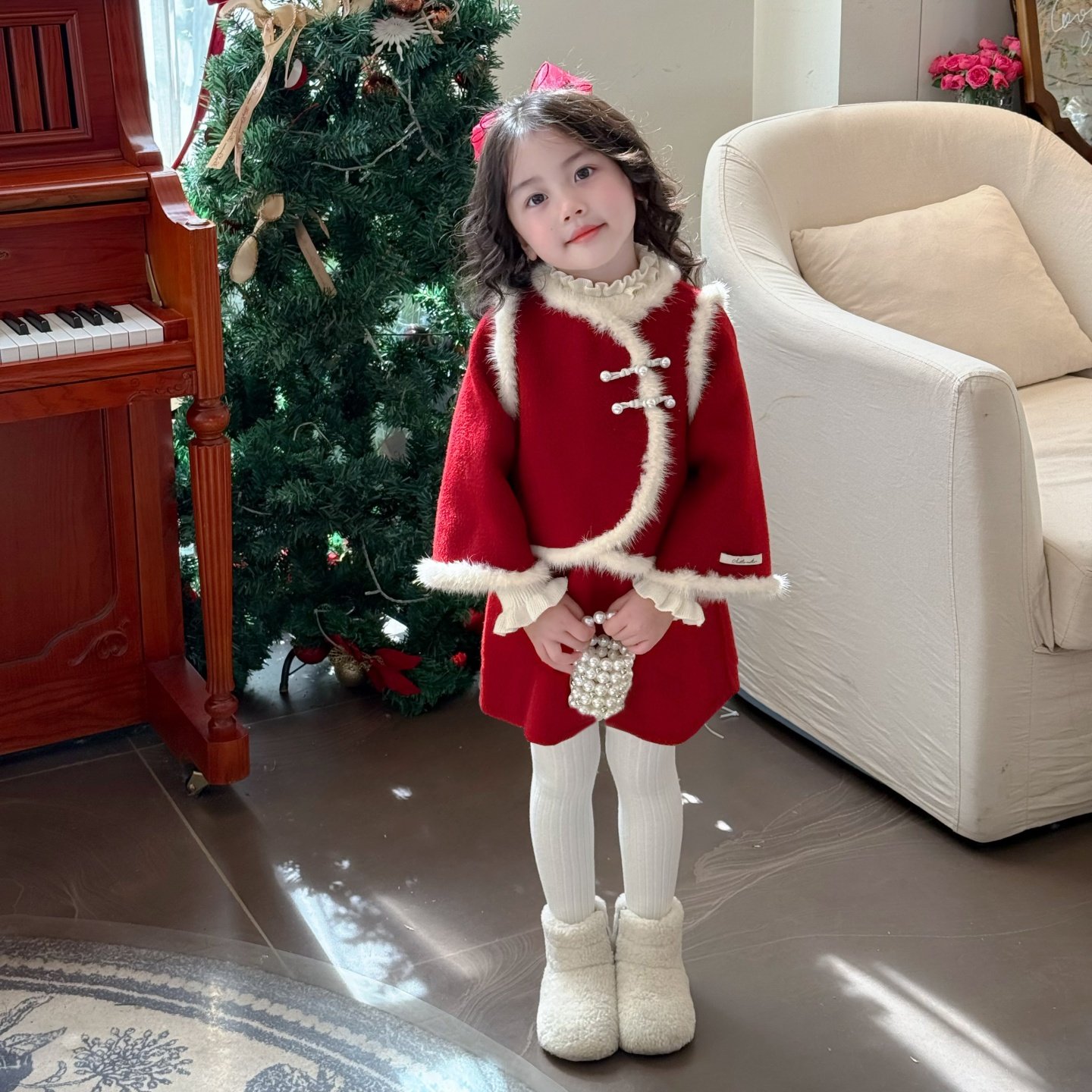壹妈童装2026新款女宝拜年服红色套装裙女童中式外套背心裙