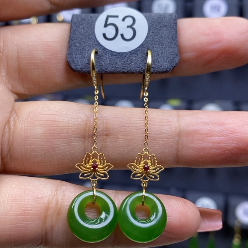 【闪购商品】和田玉耳饰18K金镶嵌12x4.8mm平安扣厚金长耳饰