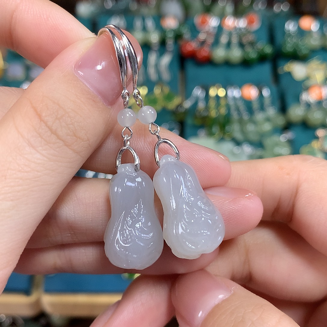 和田玉银S925镶嵌耳饰大白菜卡21左右烟紫